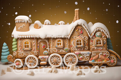 Gingerbread Train Digital Backdrop - Gingerbread Train in Forest  - Pastel Christmas Gingerbread Train Digital Background