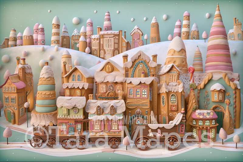 Gingerbread Town Digital Backdrop - Gingerbread City - Pastel Christmas Gingerbread City Digital Background