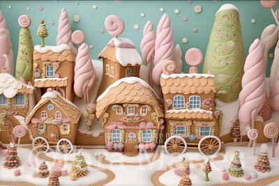 Gingerbread Town Digital Backdrop - Gingerbread City - Pastel Christmas Gingerbread City Digital Background