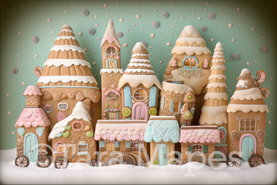 Gingerbread Town Digital Backdrop - Gingerbread City - Pastel Christmas Gingerbread City Digital Background