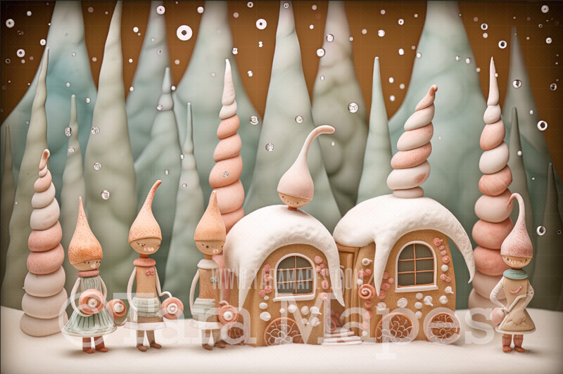 Gingerbread Elves Digital Backdrop - Gingerbread Elf Town - Pastel Christmas Gingerbread North pole Digital Background