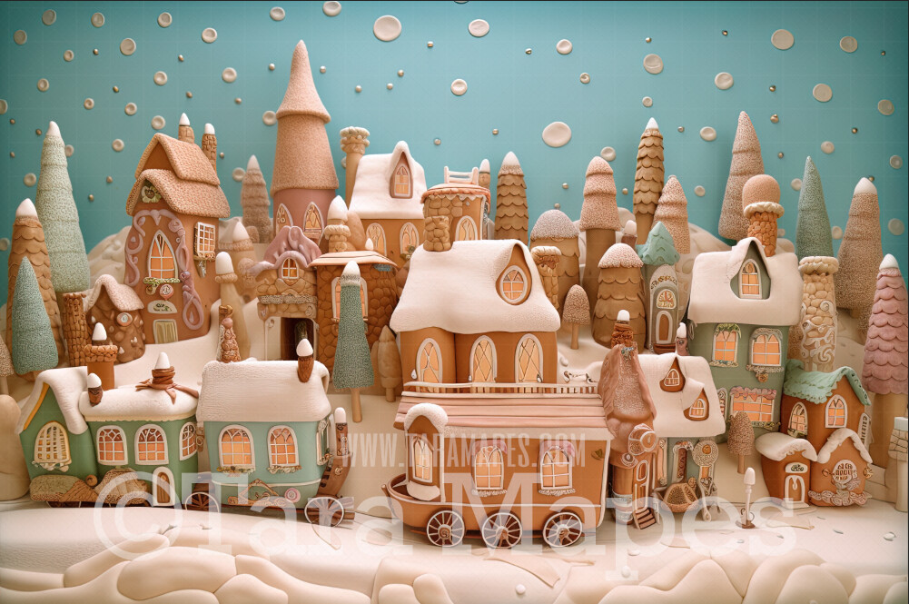 Gingerbread Town Digital Backdrop - Gingerbread City - Pastel Christmas Gingerbread City Digital Background