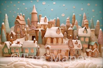 Gingerbread Town Digital Backdrop - Gingerbread City - Pastel Christmas Gingerbread City Digital Background