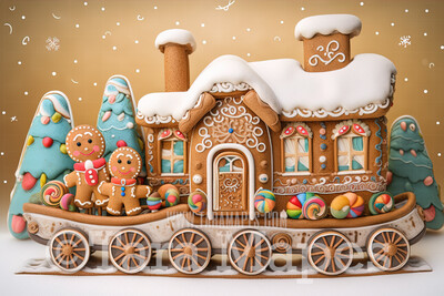 Gingerbread Train Digital Backdrop - Gingerbread Train in Forest  - Pastel Christmas Gingerbread Train Digital Background