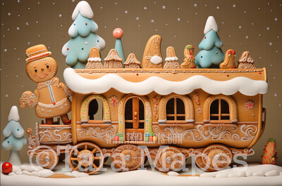 Gingerbread Train Digital Backdrop - Gingerbread Train in Forest  - Pastel Christmas Gingerbread Train Digital Background
