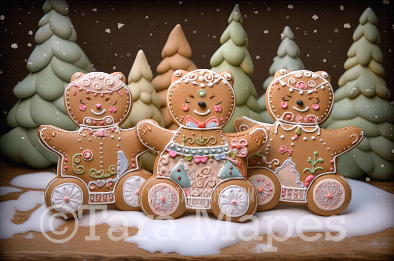 Gingerbread Bears Digital Backdrop - Gingerbread Bears in Forest  - Pastel Christmas Gingerbread Bears Digital Background