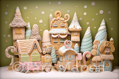 Gingerbread Town Digital Backdrop - Gingerbread City - Pastel Christmas Gingerbread City Digital Background