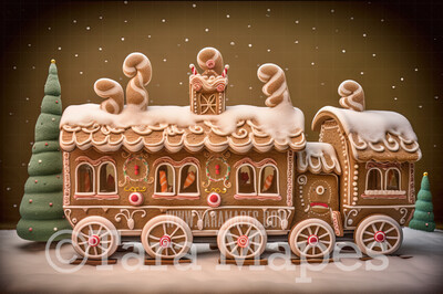 Gingerbread Train Digital Backdrop - Gingerbread Train in Forest  - Pastel Christmas Gingerbread Train Digital Background