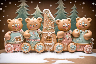 Gingerbread Bears Digital Backdrop - Gingerbread Bears in Forest  - Pastel Christmas Gingerbread Bears Digital Background