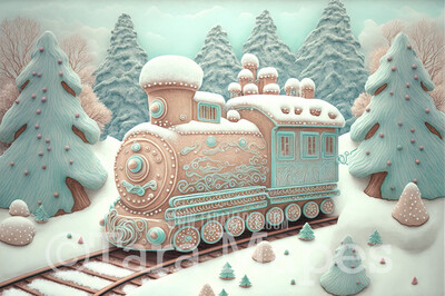 Gingerbread Train Digital Backdrop - Gingerbread Train in Forest  - Pastel Christmas Gingerbread Train Digital Background