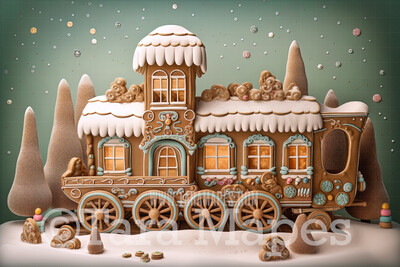 Gingerbread Train Digital Backdrop - Gingerbread Train in Forest  - Pastel Christmas Gingerbread Train Digital Background