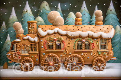 Gingerbread Train Digital Backdrop - Gingerbread Train in Forest  - Pastel Christmas Gingerbread Train Digital Background