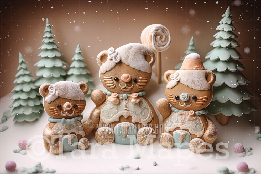 Gingerbread Bears Digital Backdrop - Gingerbread Bears in Forest - Pastel Christmas Gingerbread Bears Digital Background
