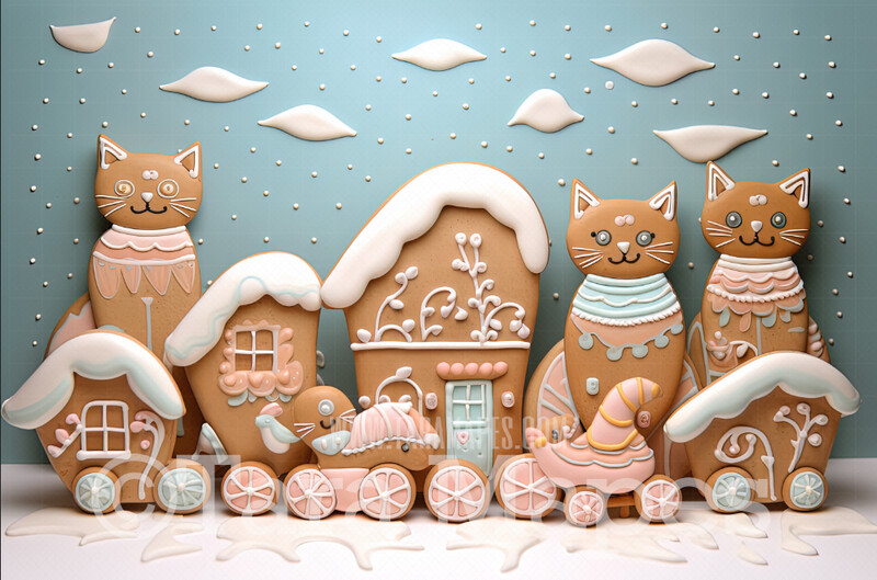 Gingerbread Cats Digital Backdrop - Gingerbread Kittens  - Pastel Christmas Gingerbread Cats Digital Background