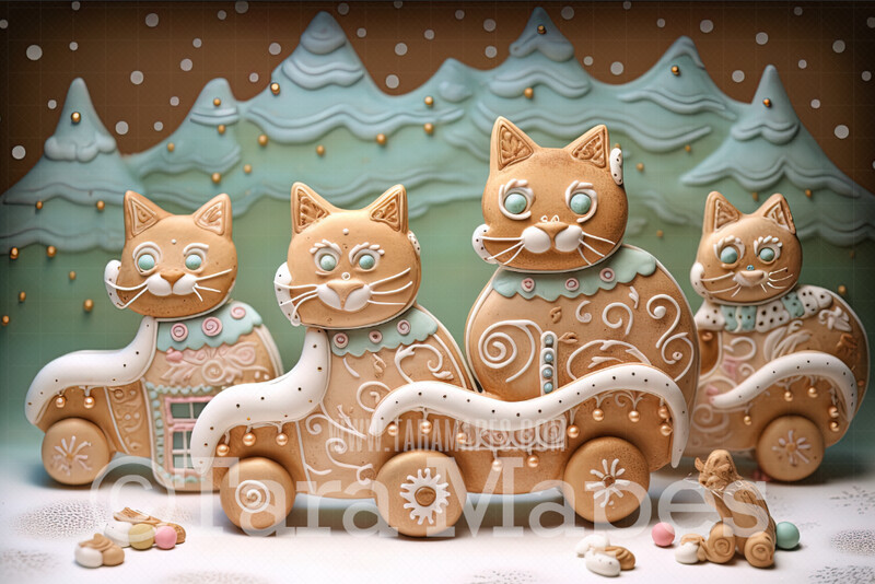 Gingerbread Cats Digital Backdrop - Gingerbread Kittens  - Pastel Christmas Gingerbread Cats Digital Background
