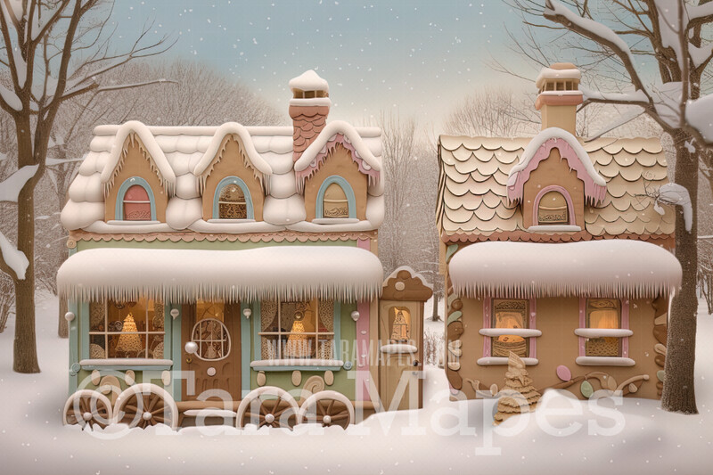 Gingerbread Shop Digital Backdrop - Gingerbread Storefront - Pastel Christmas Gingerbread Toy Shop Digital Background