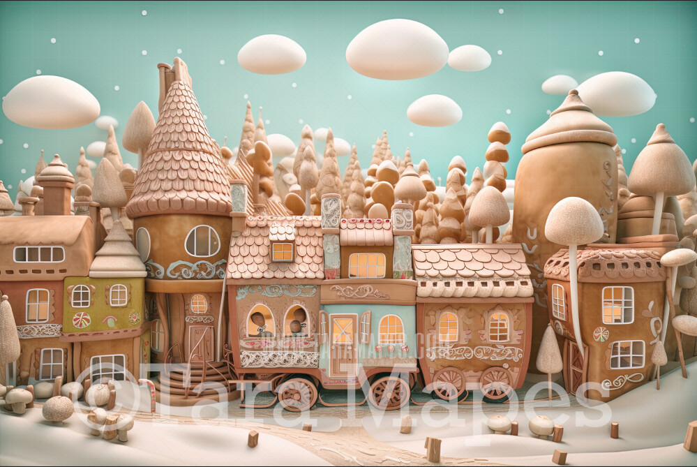 Gingerbread Town Digital Backdrop - Gingerbread City - Pastel Christmas Gingerbread City Digital Background