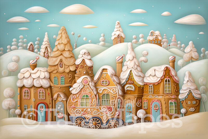 Gingerbread Town Digital Backdrop - Gingerbread City - Pastel Christmas Gingerbread City Digital Background