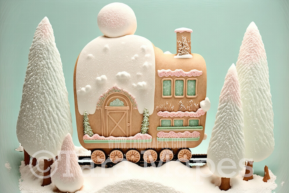 Gingerbread Train Digital Backdrop - Gingerbread Train in Forest  - Pastel Christmas Gingerbread Train Digital Background