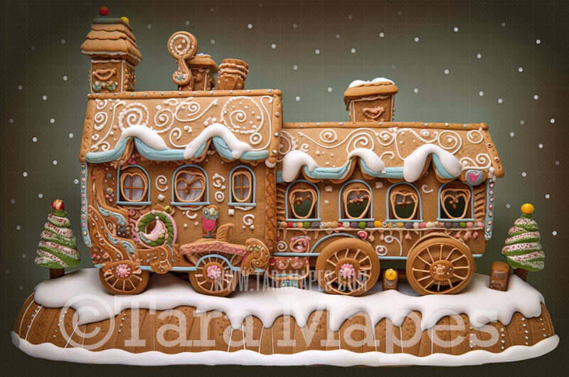 Gingerbread Train Digital Backdrop - Gingerbread Train in Forest  - Pastel Christmas Gingerbread Train Digital Background
