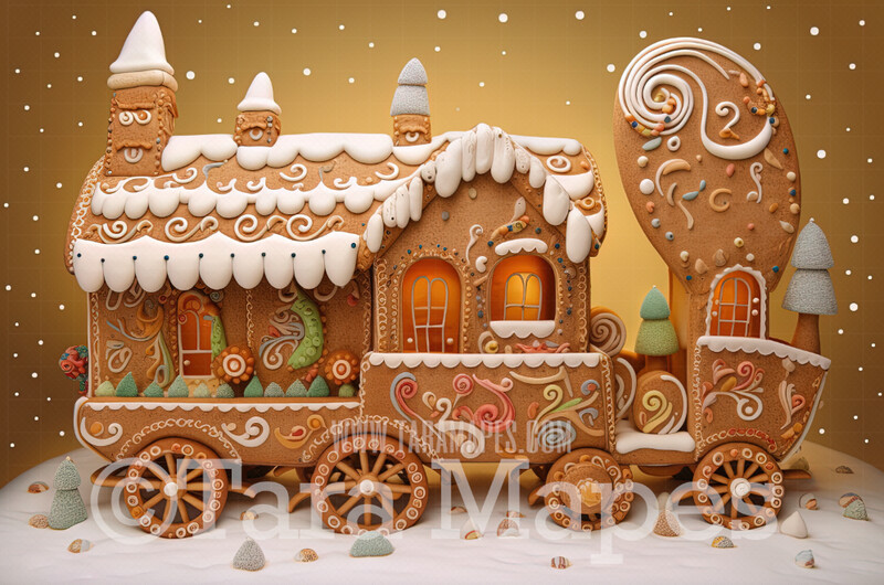 Gingerbread Train Digital Backdrop - Gingerbread Train in Forest  - Pastel Christmas Gingerbread Train Digital Background
