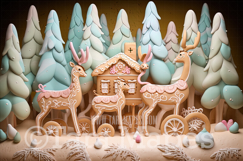 Gingerbread Deer Digital Backdrop - Gingerbread Reindeer  - Pastel Christmas Gingerbread Deer Digital Background