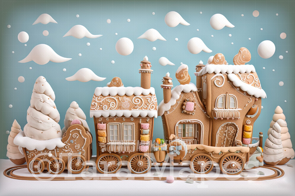 Gingerbread Train Digital Backdrop - Gingerbread Train in Forest  - Pastel Christmas Gingerbread Train Digital Background