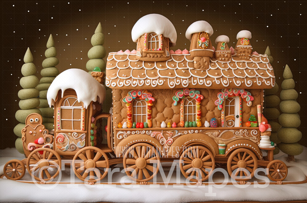 Gingerbread Train Digital Backdrop - Gingerbread Train in Forest - Pastel Christmas Gingerbread Train Digital Background