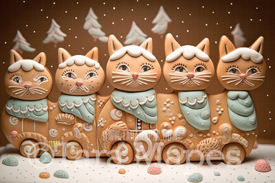 Gingerbread Cats Digital Backdrop - Gingerbread Kittens  - Pastel Christmas Gingerbread Cats Digital Background