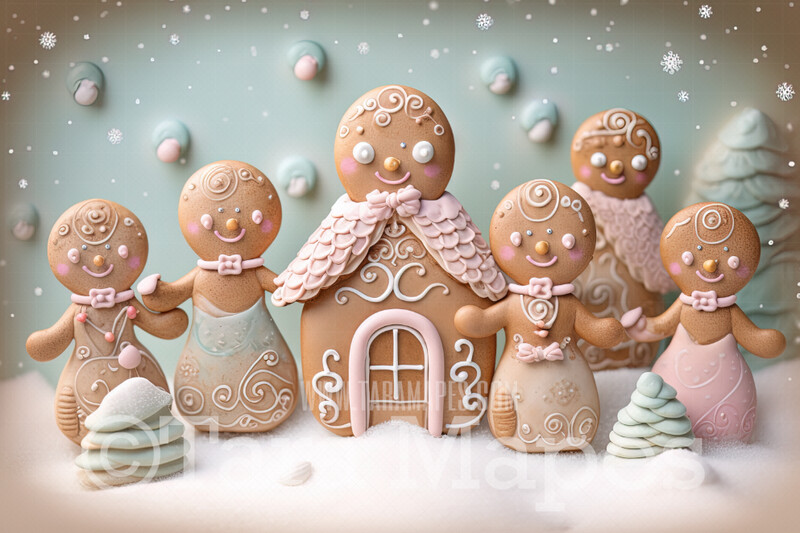 Gingerbread Man  Digital Backdrop - Gingerbread People - Pastel Christmas Gingerbread Kids  Digital Background