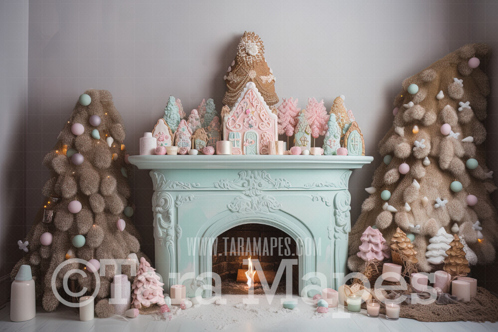 Gingerbread Fireplace Digital Backdrop - Gingerbread and Gumdrop Fireplace - Pastel Christmas Gingerbread Mantle Digital Background