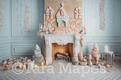 Gingerbread Fireplace Digital Backdrop - Gingerbread and Gumdrop Fireplace -  Pastel Christmas Gingerbread Mantle Digital Background
