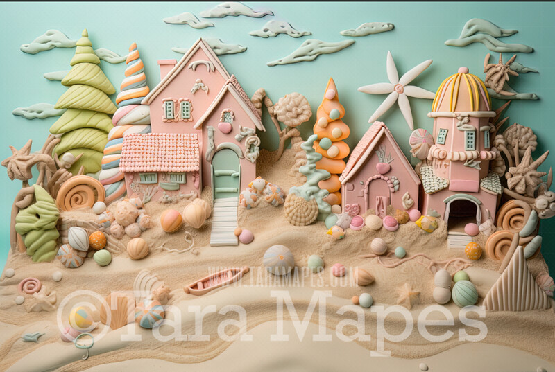 Gingerbread Beach Digital Backdrop - Gingerbread Beach Scene - Pastel Beach Gingerbread Digital Background