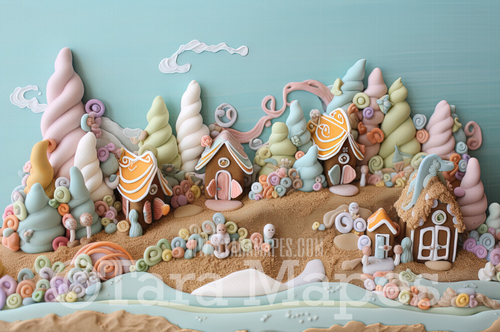 Gingerbread Beach Digital Backdrop - Gingerbread Beach Scene - Pastel Beach Gingerbread Digital Background