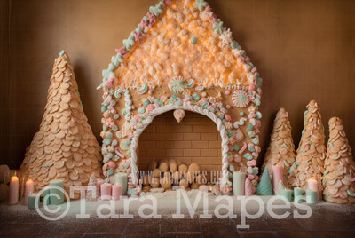 Gingerbread Fireplace Digital Backdrop - Gingerbread and Gumdrop Fireplace -  Pastel Christmas Gingerbread Mantle Digital Background