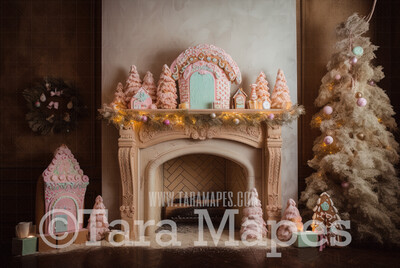 Gingerbread Fireplace Digital Backdrop - Gingerbread and Gumdrop Fireplace -  Pastel Christmas Gingerbread Mantle Digital Background