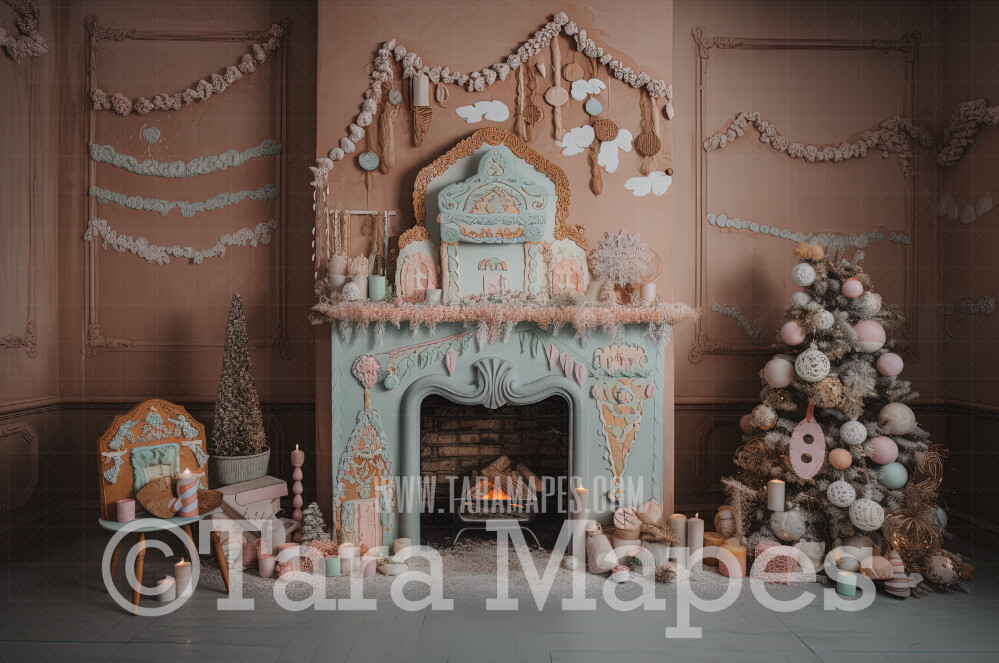 Gingerbread Fireplace Digital Backdrop - Gingerbread and Gumdrop Fireplace -  Pastel Christmas Gingerbread Mantle Digital Background