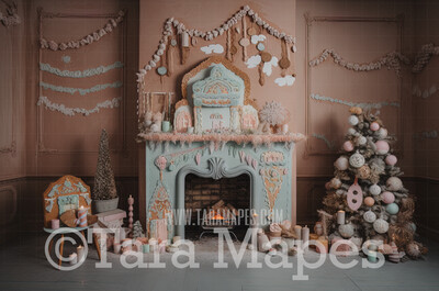 Gingerbread Fireplace Digital Backdrop - Gingerbread and Gumdrop Fireplace -  Pastel Christmas Gingerbread Mantle Digital Background