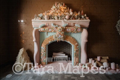 Gingerbread Fireplace Digital Backdrop - Gingerbread and Gumdrop Fireplace -  Pastel Christmas Gingerbread Mantle Digital Background