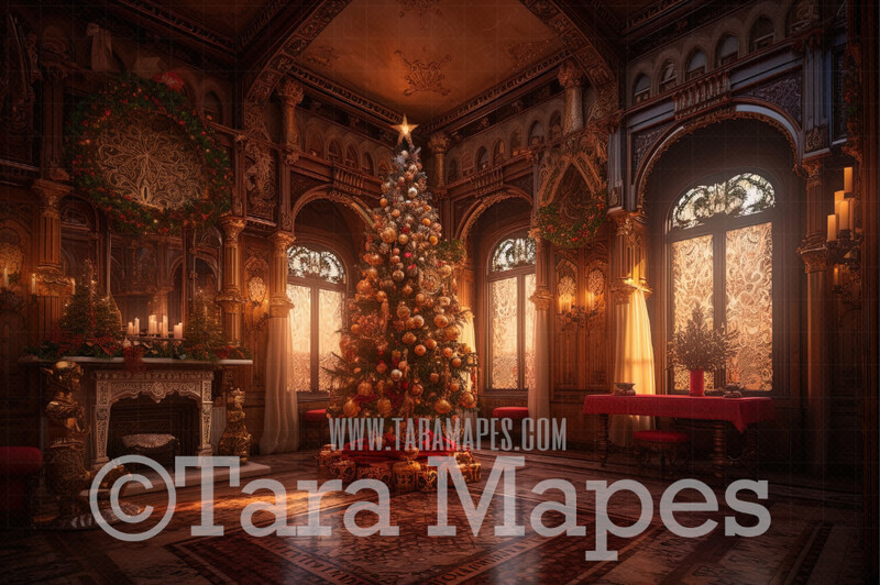 Ornate Christmas Room Digital Background (JPG FILE) -  Ornate Mansion Room at Christmas - Luxury Christmas Room with Christmas Tree and Fireplace Digital Background
