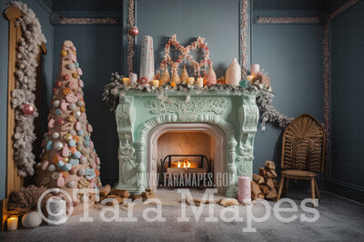 Gingerbread Fireplace Digital Backdrop - Gingerbread and Gumdrop Fireplace -  Pastel Christmas Gingerbread Mantle Digital Background