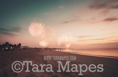 Beach Digital Backdrop - Beach with Fireworks - Beach at Sunset -Fireworks Beach  Digital Background JPG