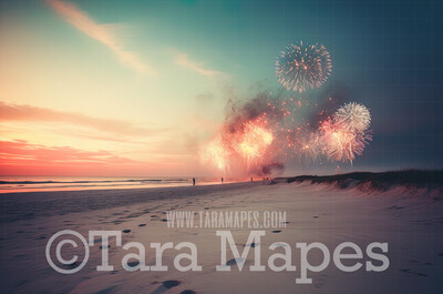 Beach Digital Backdrop - Beach with Fireworks - Beach at Sunset -Fireworks Beach  Digital Background JPG