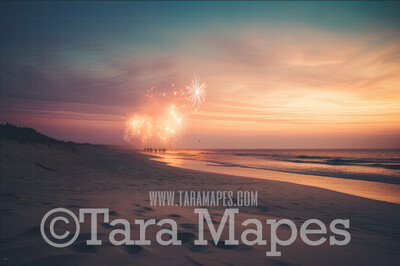 Beach Digital Backdrop - Beach with Fireworks - Beach at Sunset -Fireworks Beach  Digital Background JPG