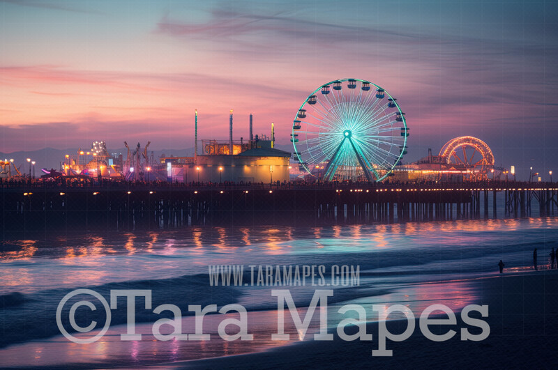 Pastel Beach Digital Backdrop - Beach with Pier and Ferris Wheel at Night - Beach Digital Background JPG