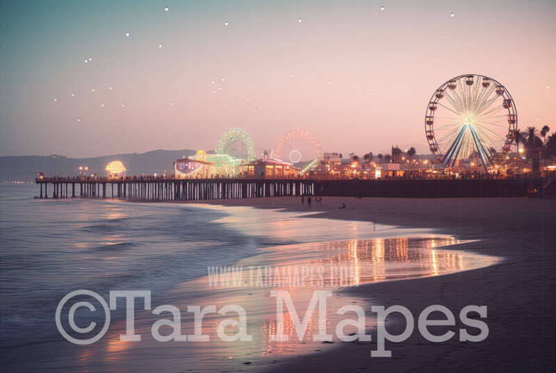 Pastel Beach Digital Backdrop - Beach with Pier and Ferris Wheel at Sunset - Beach Digital Background JPG