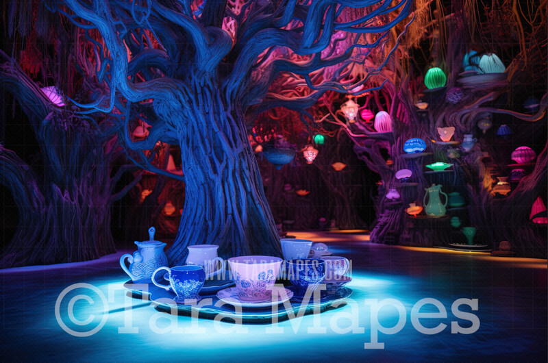 Alien Alice in Wonderland - Alien World Digital Backdrop  -  Otherworldly Tree with Tea Cups - Tea Party Scene  - Neon Alien World Digital Background JPG FILE