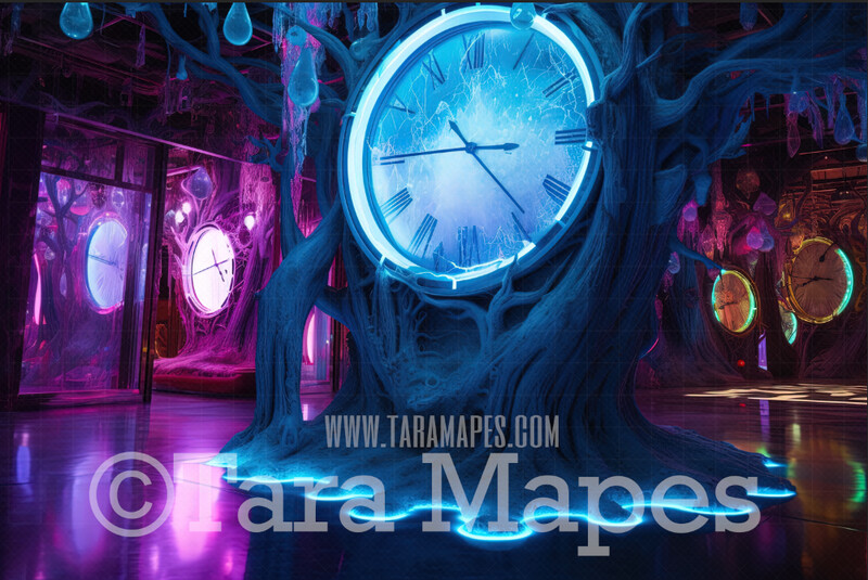 Alien Alice in Wonderland - Alien World Digital Backdrop  -  Otherworldly Tree with Clocks - Neon Alien World Digital Background JPG FILE
