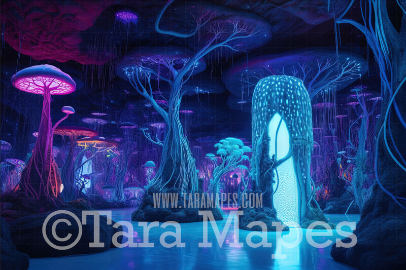 Alien Alice in Wonderland - Alien World Digital Backdrop  -  Otherworldly Tree - Neon Alien World Digital Background JPG FILE