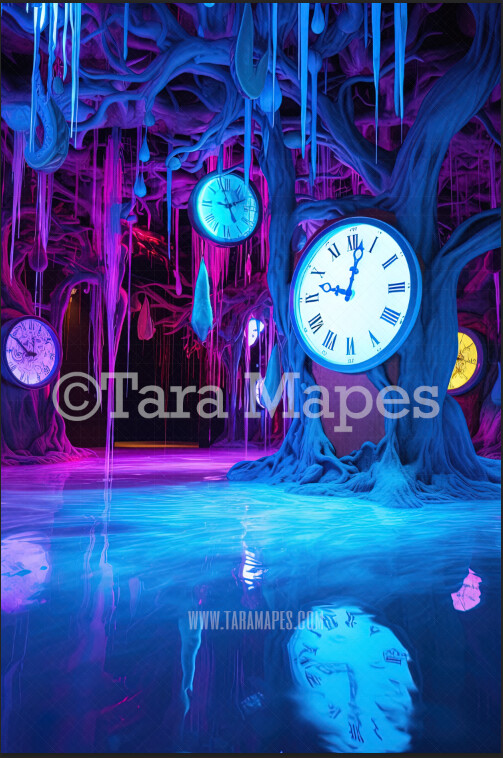 Alien Alice in Wonderland - Alien World Digital Backdrop  -  Otherworldly Tree with Clocks - Neon Alien World Digital Background JPG FILE